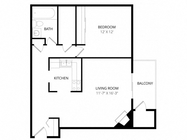 Floor plan for 1 bed, 1 bath, 643 sqft